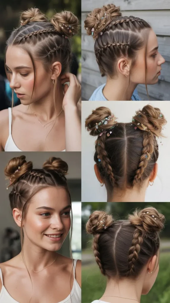 Side Part Braided Space Buns