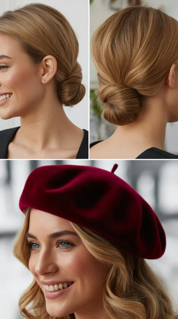 Gathered Nape Twist with a Velvet Beret