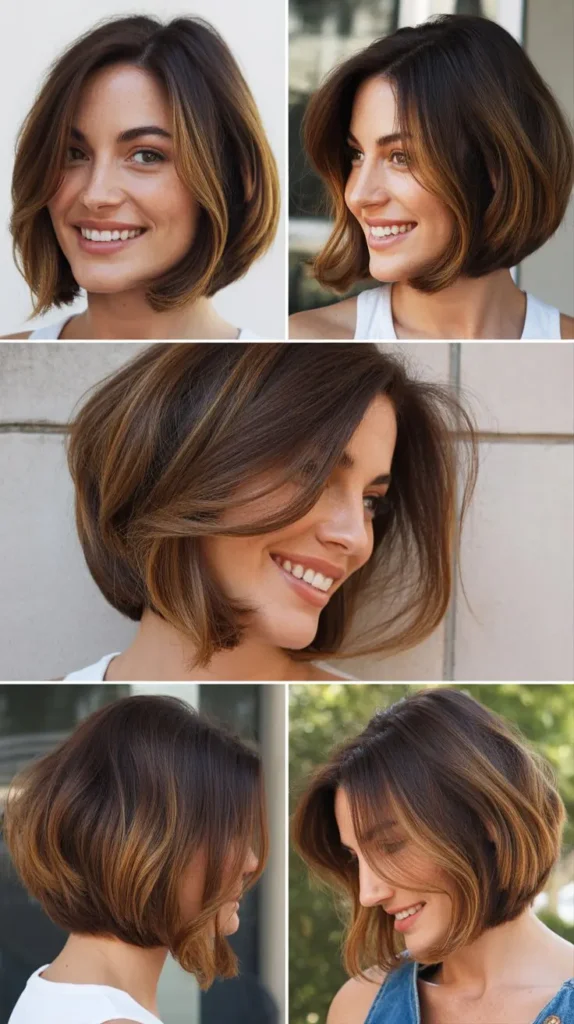 Brown Bob with Caramel Money Piece Highlights