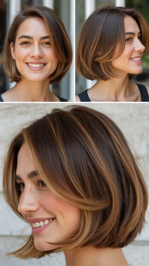 Brown A-Line Bob with Caramel Highlights