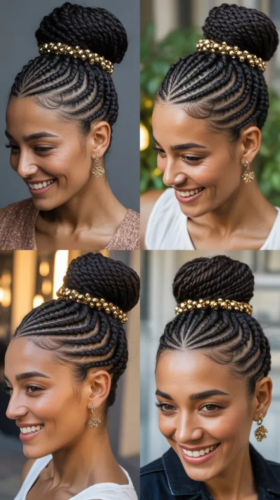 Cornrow Updo with Gold Beads