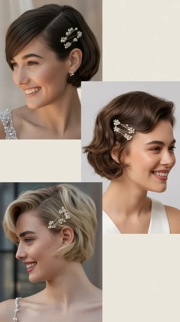 Short Hair with Bridal Hairpins