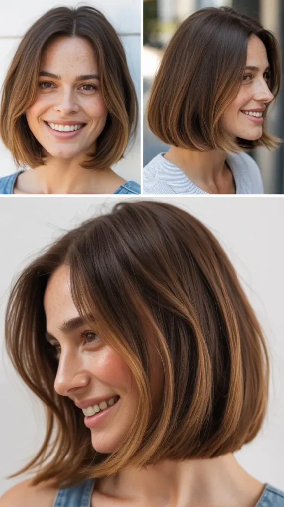 Shoulder-Length Brown Bob with Caramel Highlights