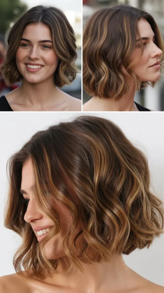 Brown Bob with Caramel Highlights and Beach Waves