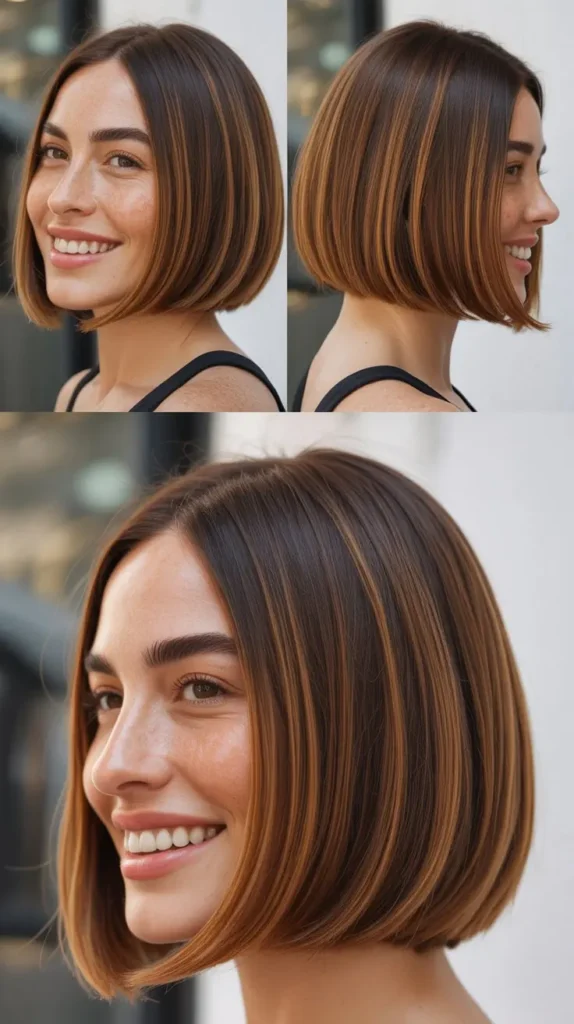 Sleek Brown Bob with Caramel Highlights