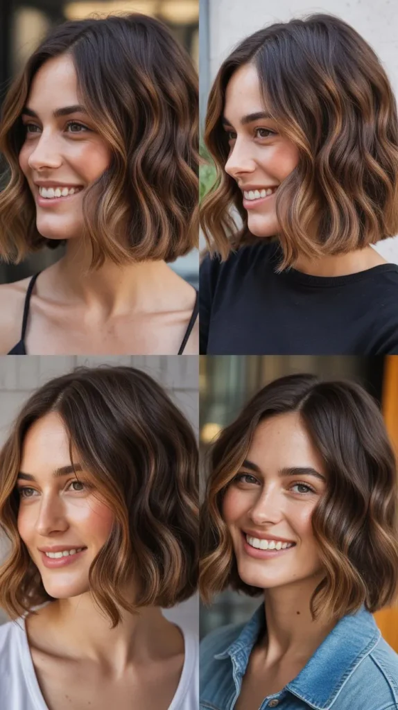 Wavy Brown Bob with Caramel Ribbons