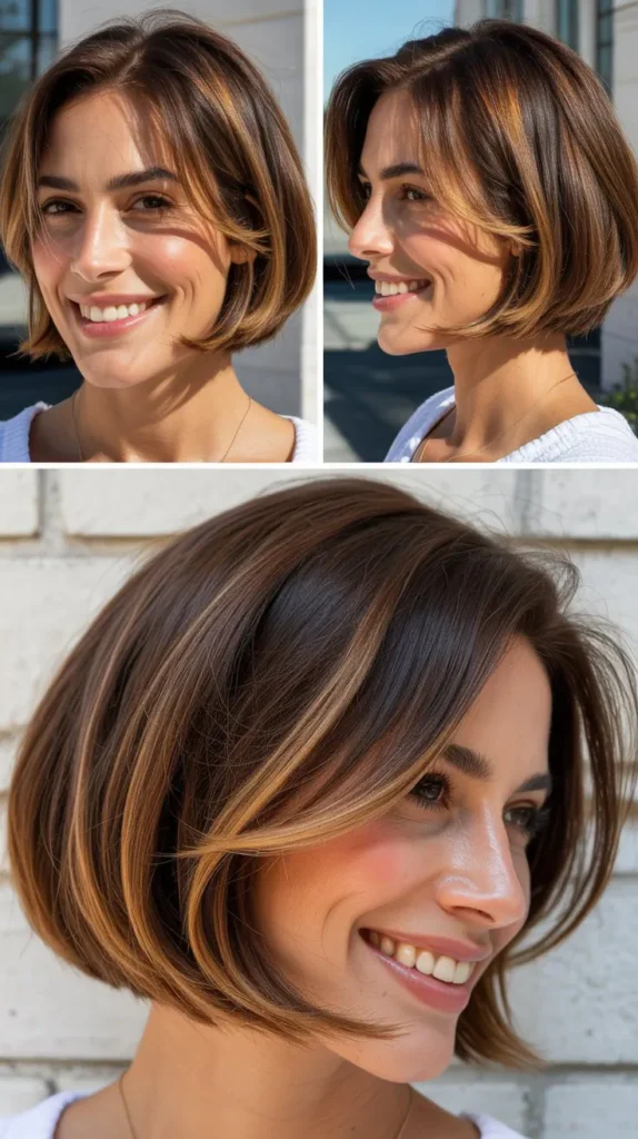 Short Brown Bob with Caramel Face-Framing Highlights