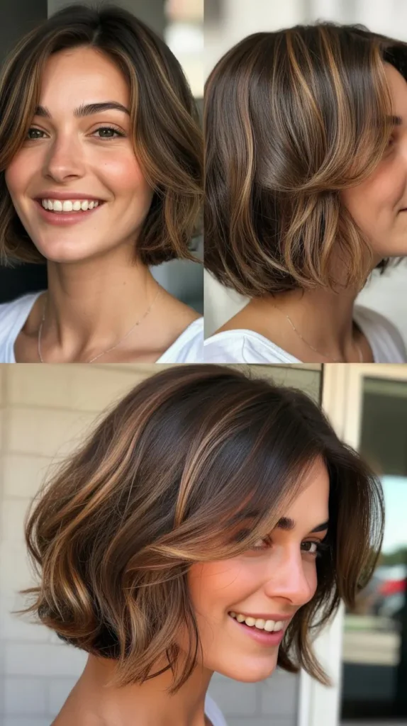 Brown Bob with Caramel Highlights and Tousled Texture