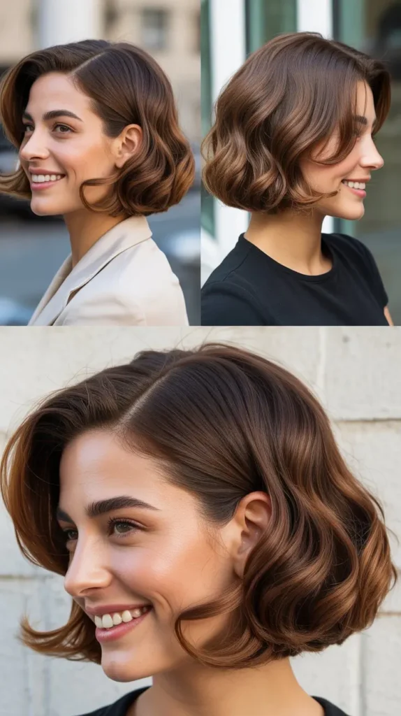 Brown Bob with Caramel Highlights and Curled Ends