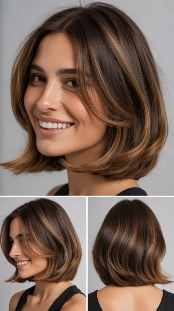 Long Brown Bob (Lob) with Caramel Highlights