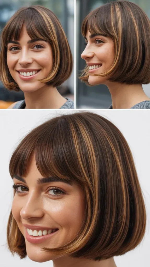 Brown Bob with Caramel Highlights and Curtain Bangs