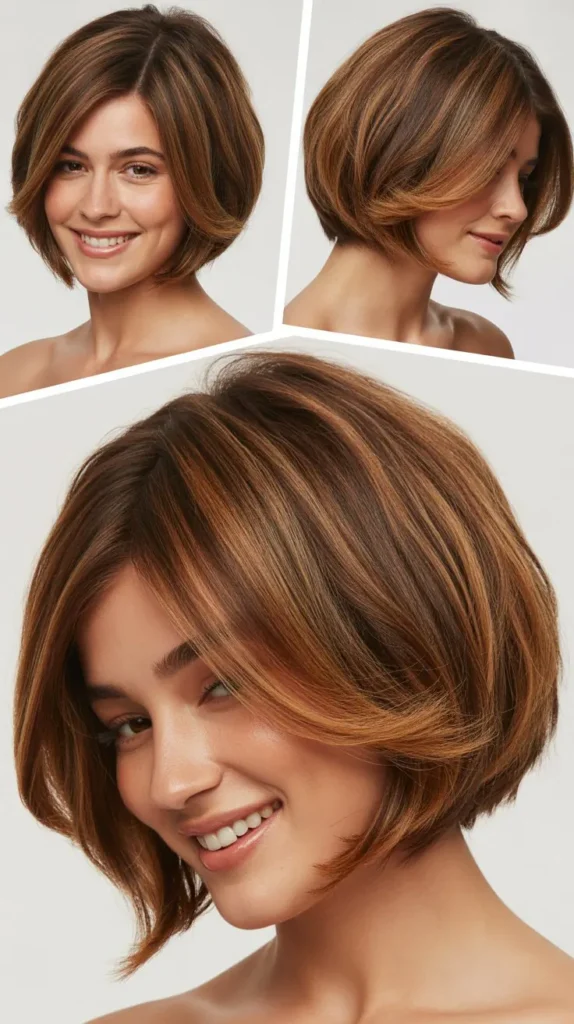 Textured Brown Bob with Caramel Highlights