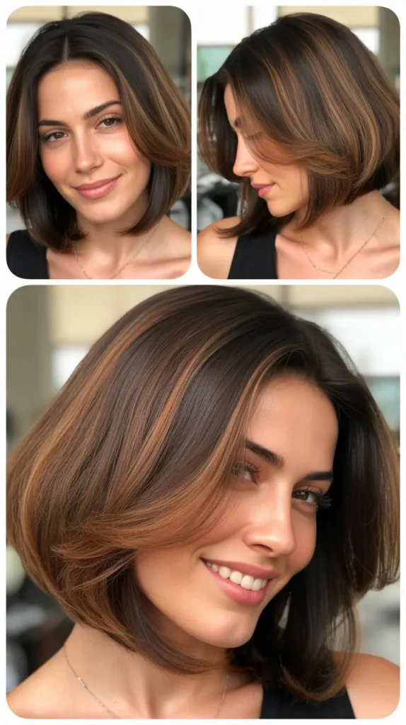 Brown Bob with Caramel Highlights and Blended Layers