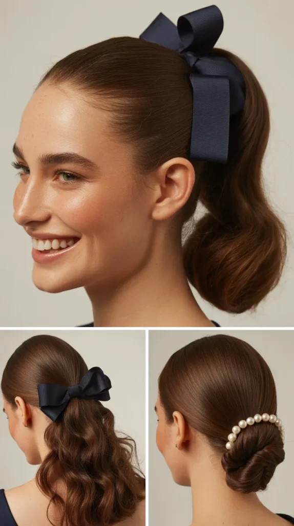 Sleek High Ponytail with a Grosgrain Bow Hat