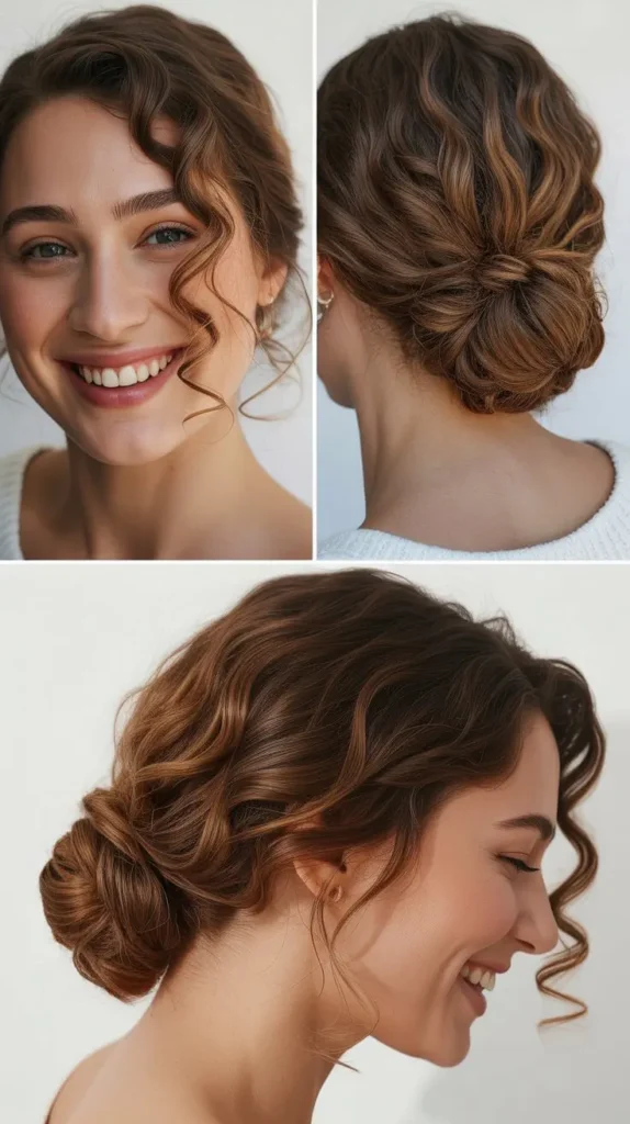 Asymmetrical Low Bun with Face-Framing Spirals