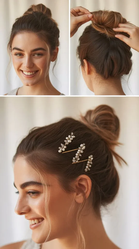 Effortless Messy Bun with Jeweled Pins