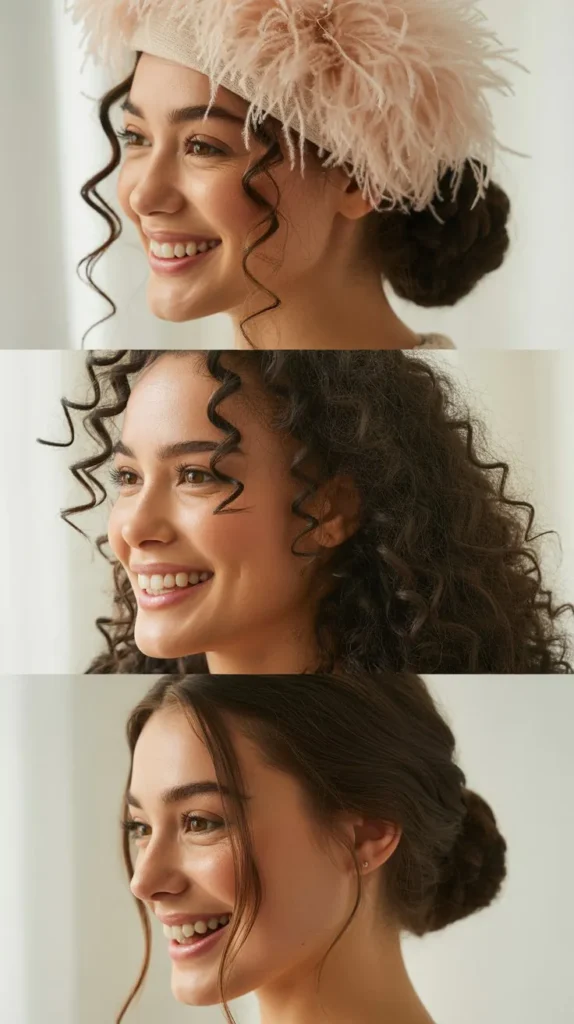 Voluminous Curly Updo with a Feathered Turban Hat