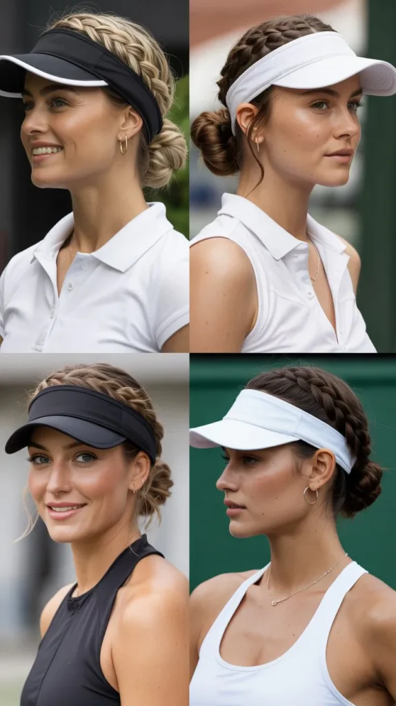 7. Low Braided Bun With Visor