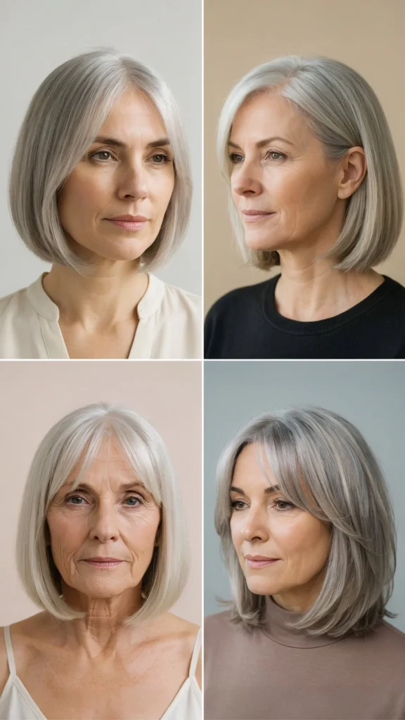 20. Sleek Gray Bob With Curtain Bangs