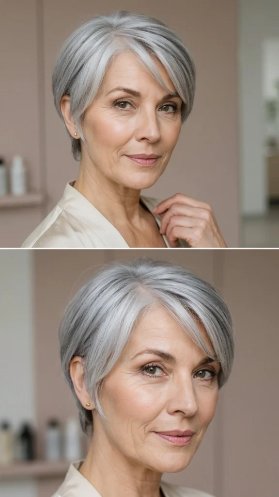 3. Short Silver Pixie with Side-Swept Bangs