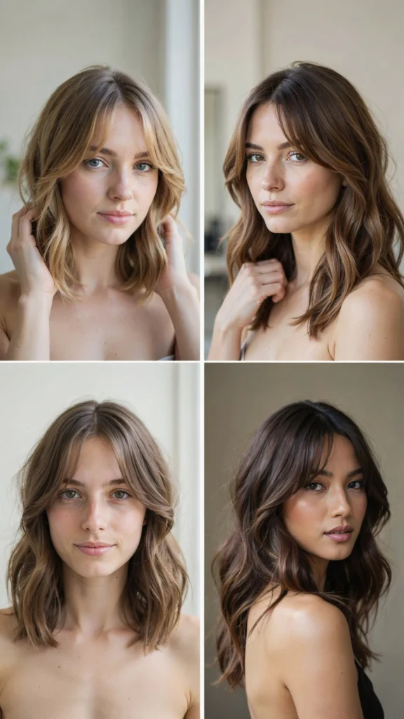 Wavy Layers With Curtain Bangs for Square Faces