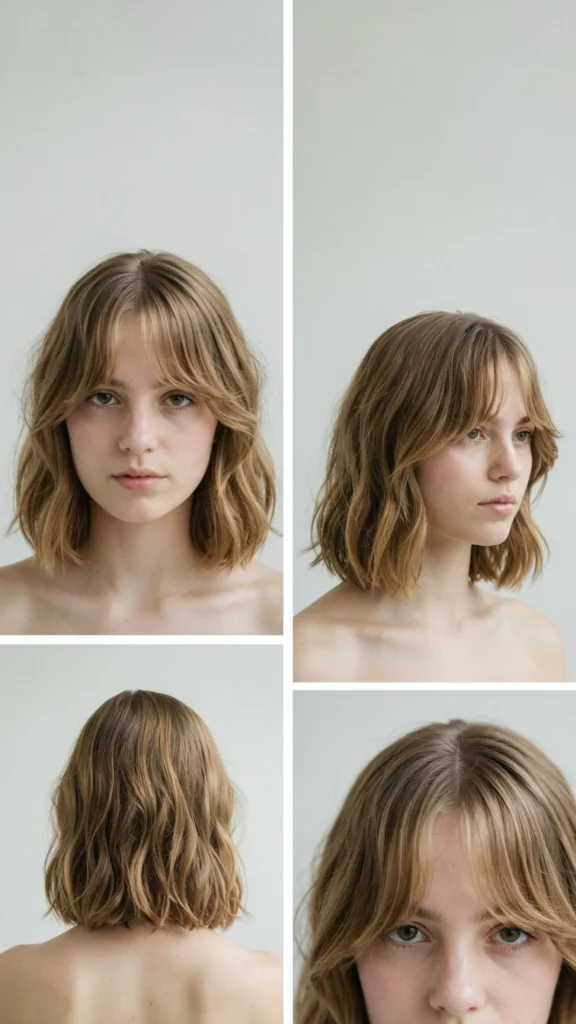 23. Short Wavy Hair With Curtain Bangs and Tapered Ends