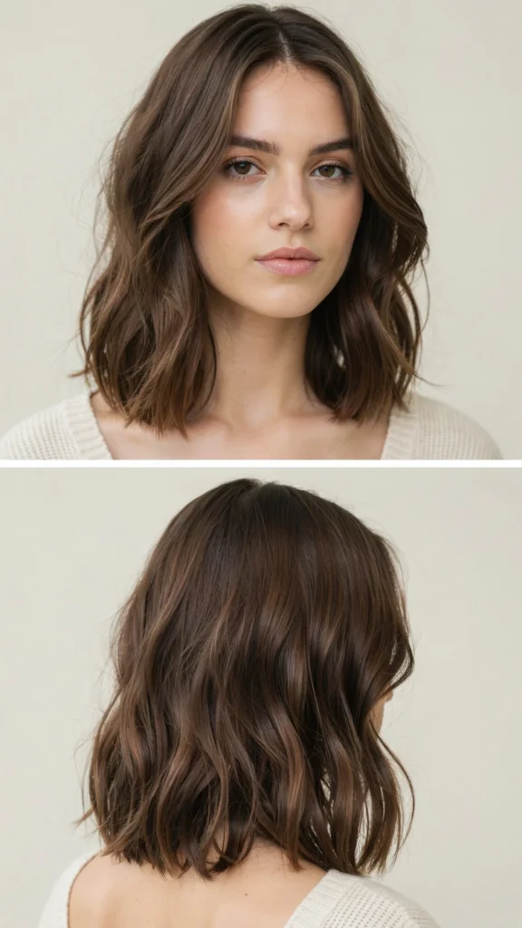 7. Dark Brown Layered Lob With Face Framing
