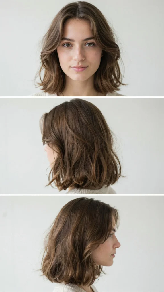 27. Brunette Medium Layers With Deep Side Part