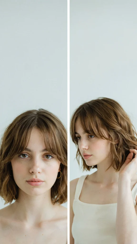 8. Ear-Length Wavy Crop With Curtain Bangs