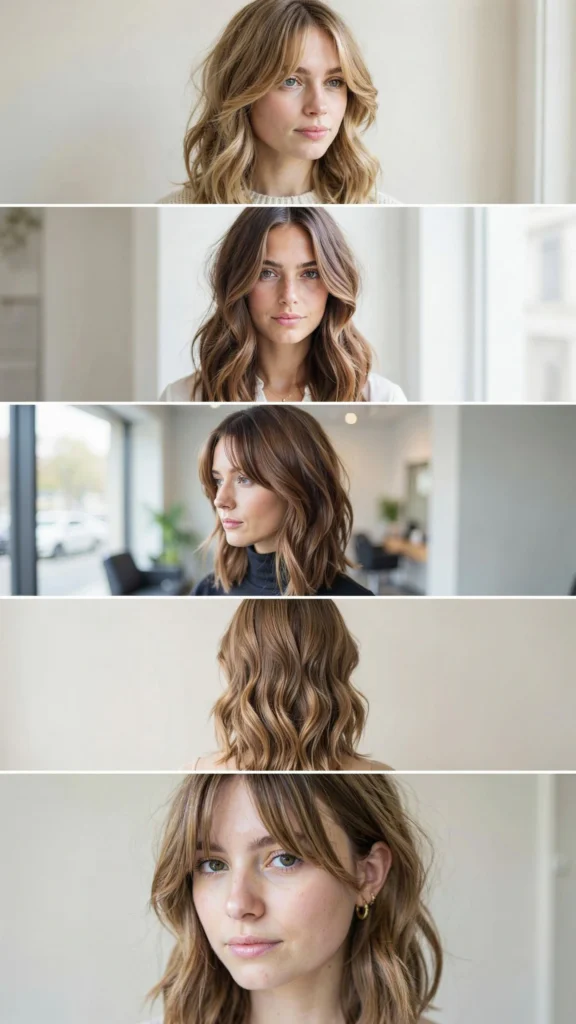 Wavy Layers With Curtain Bangs and Balayage