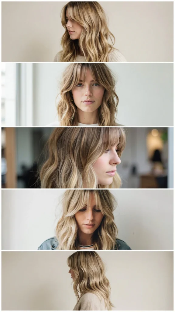 Wavy Layers With Curtain Bangs And Blonde Highlights