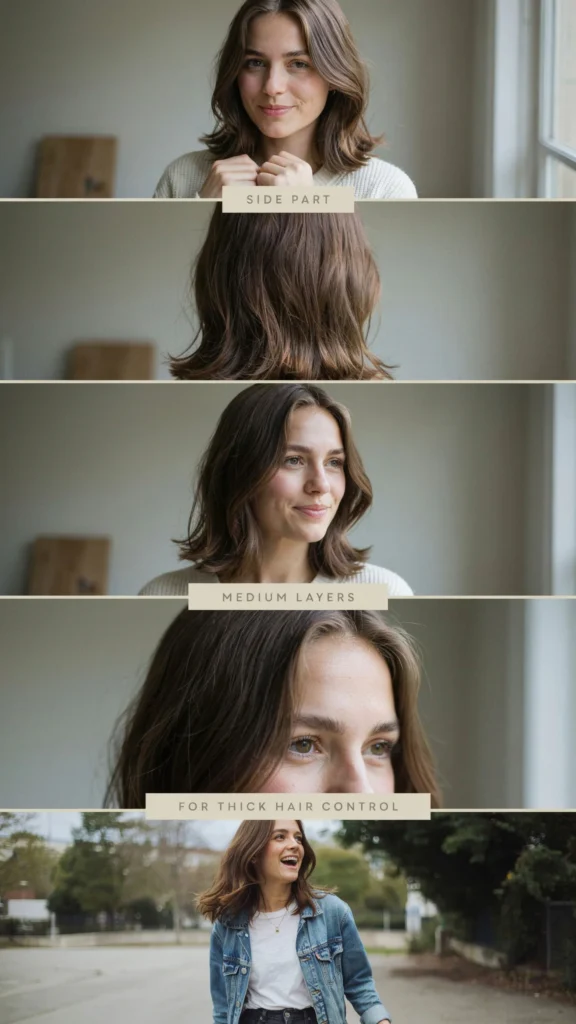 Side Part Medium Layers for Thick Hair Control
