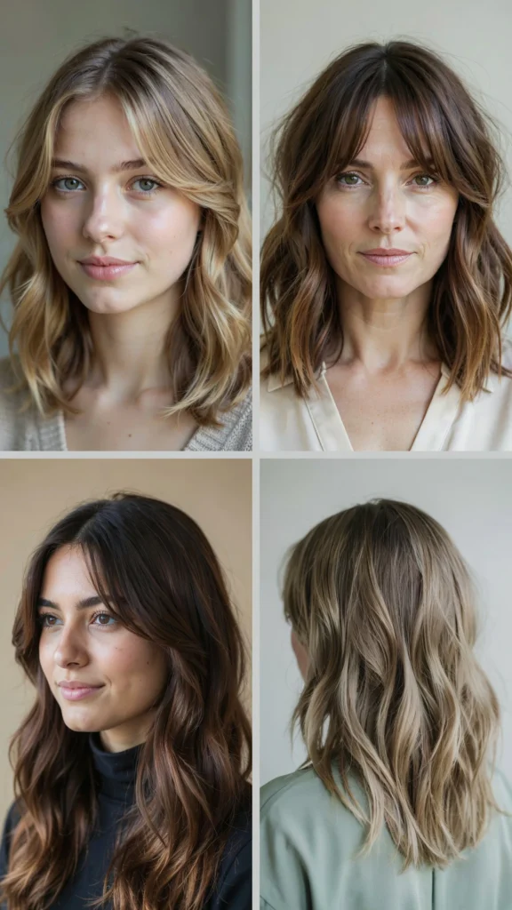 Wavy Layers With Curtain Bangs for Round Faces