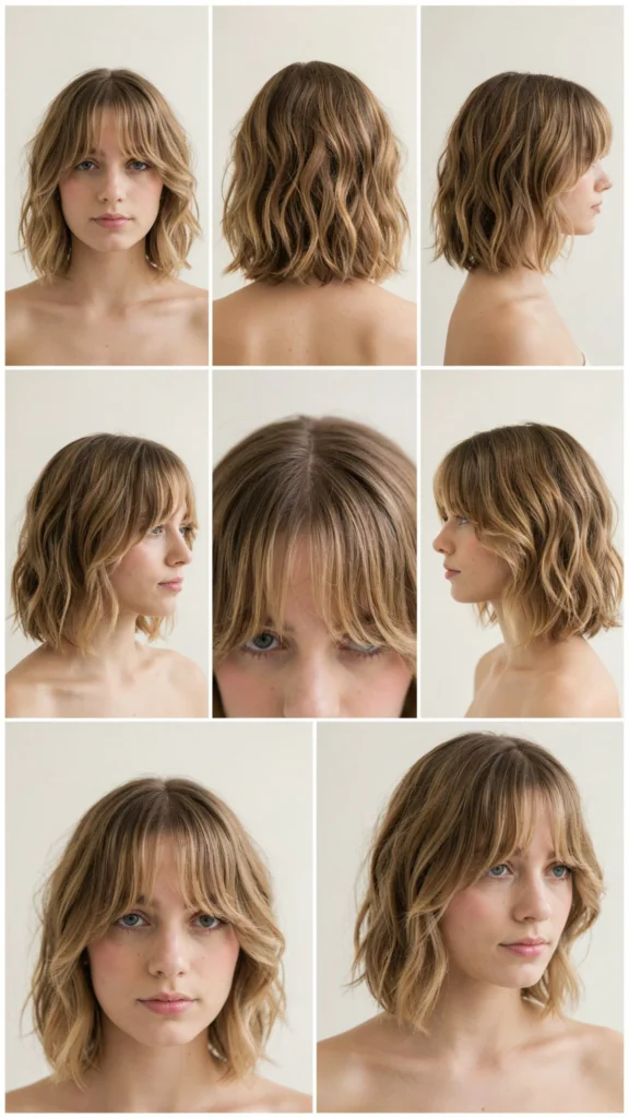 24. Short Wavy Hair With Curtain Bangs and Soft Highlights