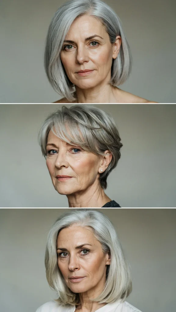 14. Short Gray Haircut With Long Side Bangs