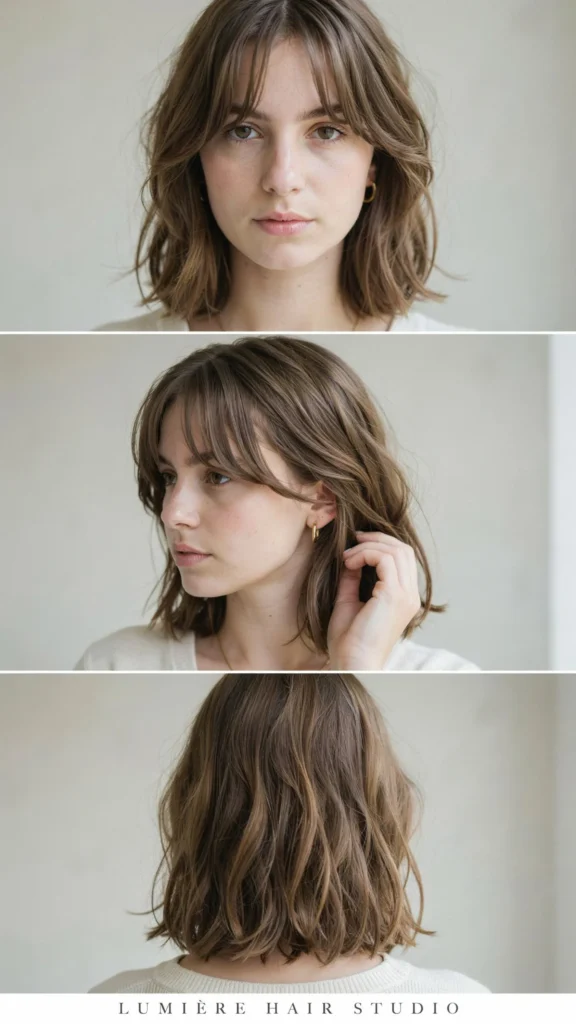 16. Short Wavy Hair With Feathered Curtain Bangs
