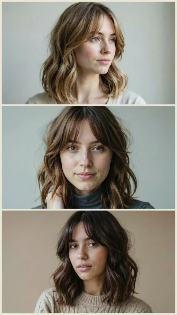 Wavy Layers With Curtain Bangs for Heart-Shaped Faces
