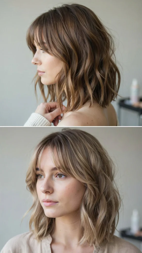 Short Wavy Layers With Curtain Bangs